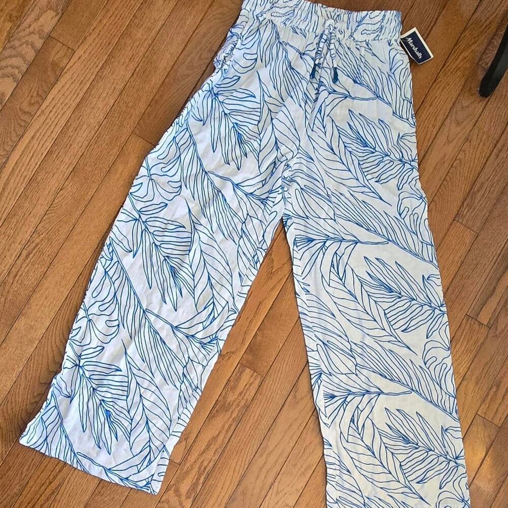 Blue island print wide leg pants elastic waist vacation travel cotton S